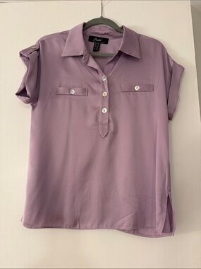 Button-Placket Lavender Blouse with Tab Sleeves